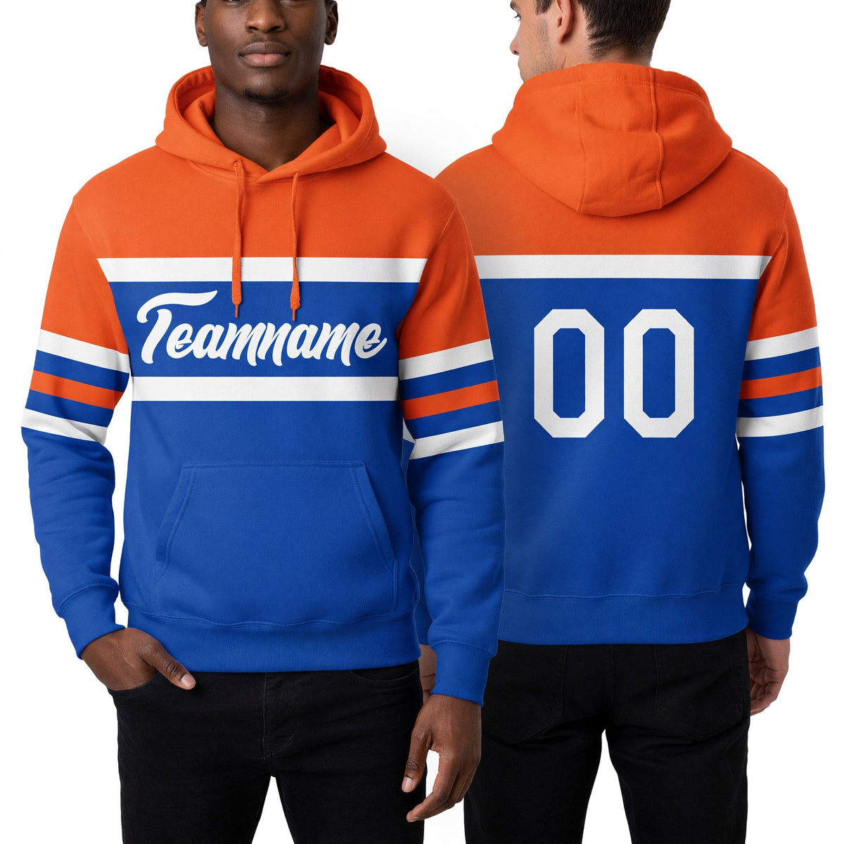 Custom Stitched Thunder Blue White-Orange Line Sports Pullover Sweatshirt Hoodie worn front and back