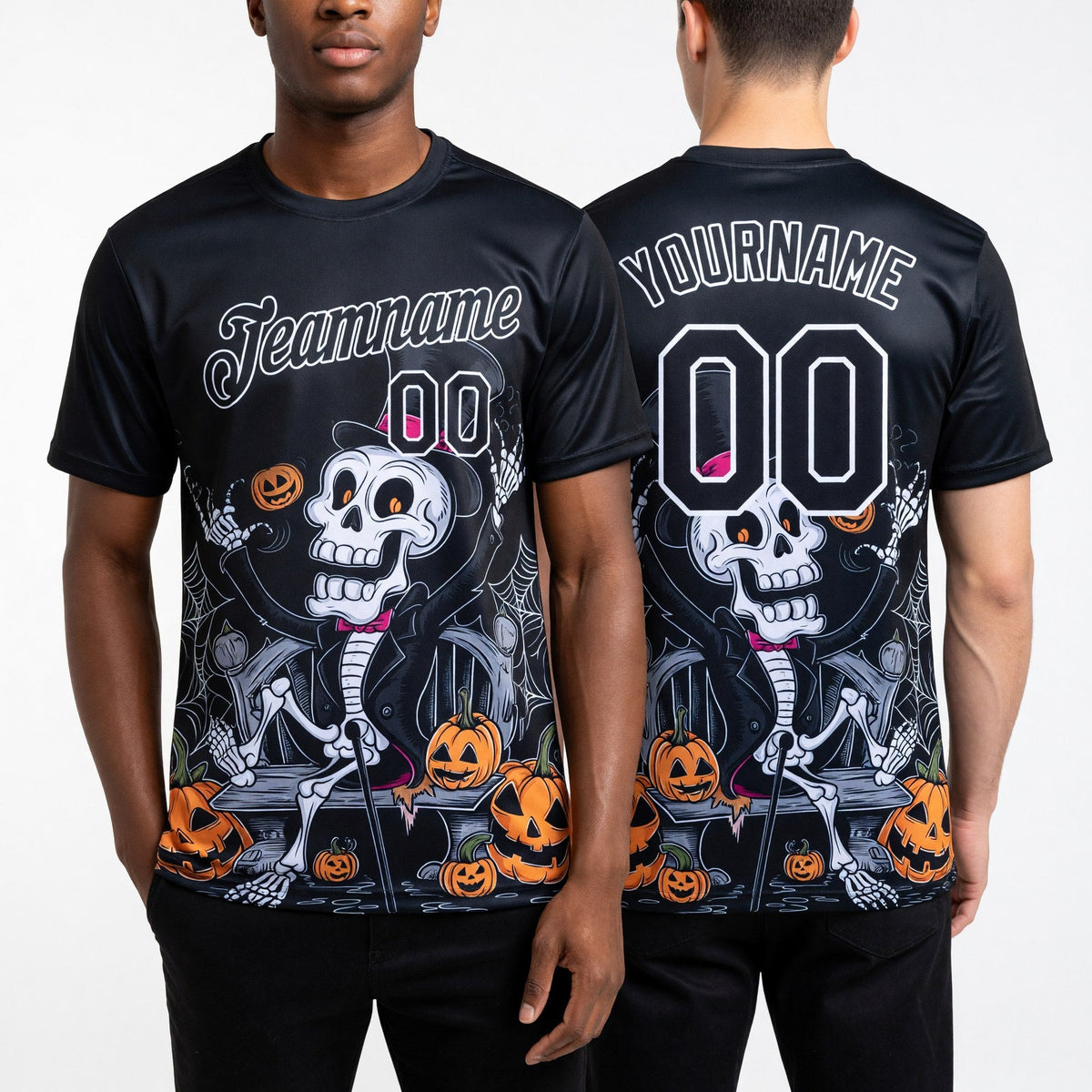 Custom Black White 3D Halloween Performance T-Shirt worn front and back