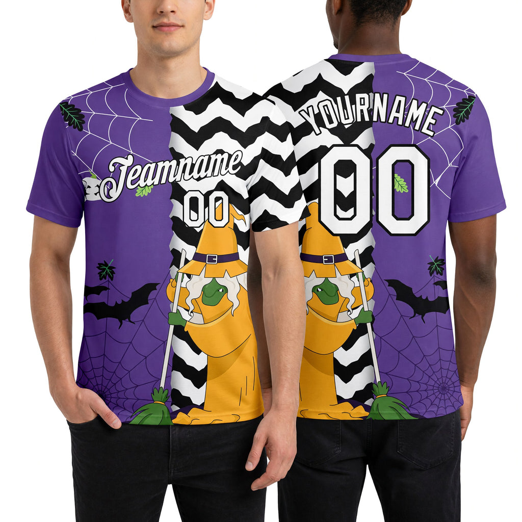Custom Purple White-Black 3D Halloween Performance T-Shirt worn front and back