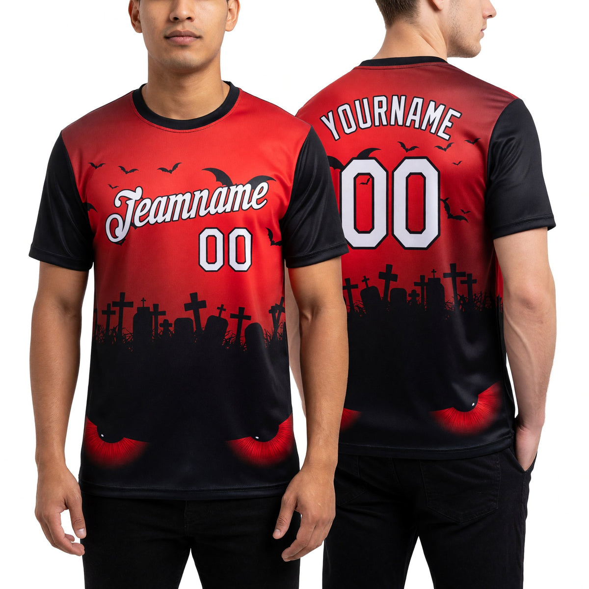 Custom Red White-Black 3D Halloween Performance T-Shirt worn front and back