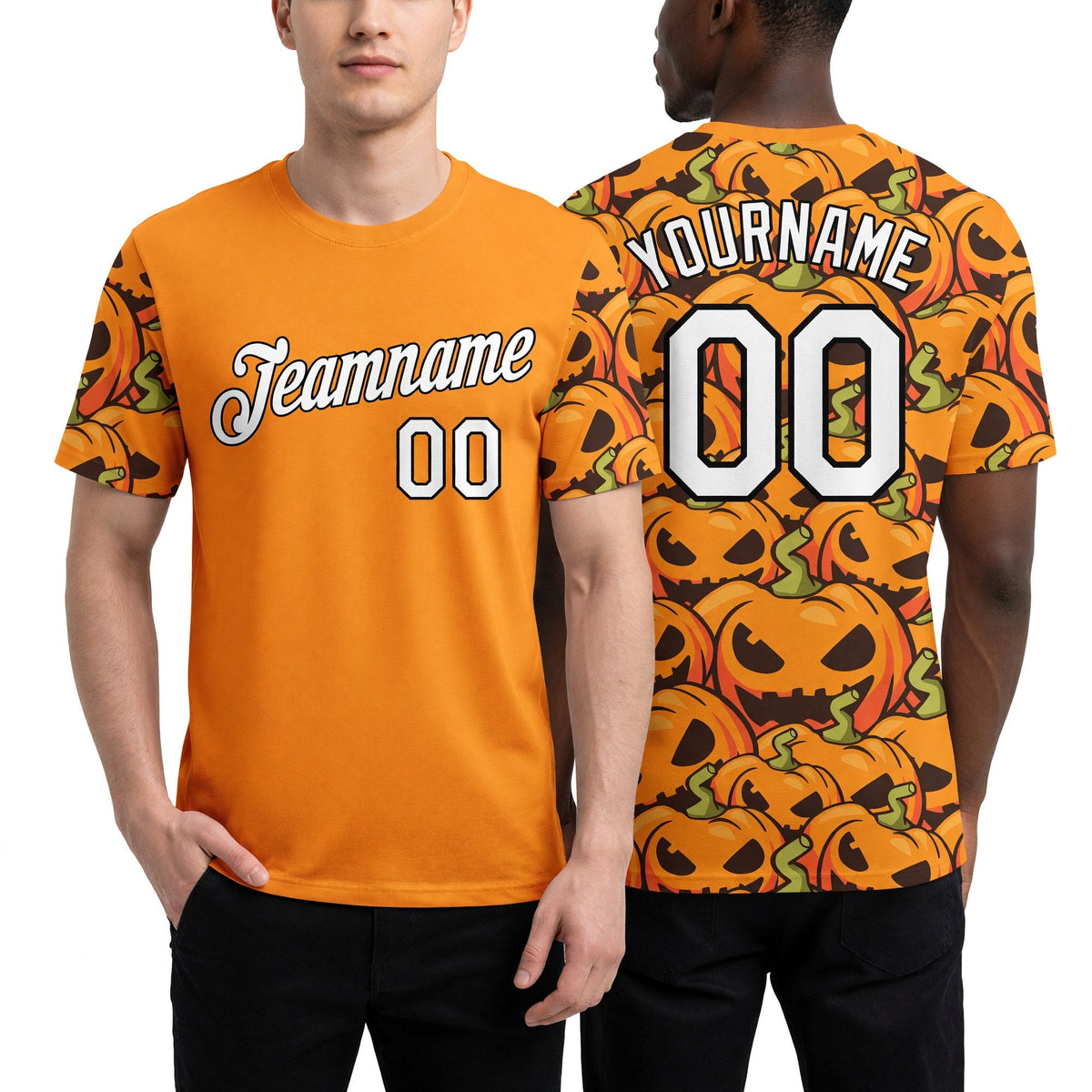 Custom Bay Orange White-Black 3D Halloween Performance T-Shirt worn front and back