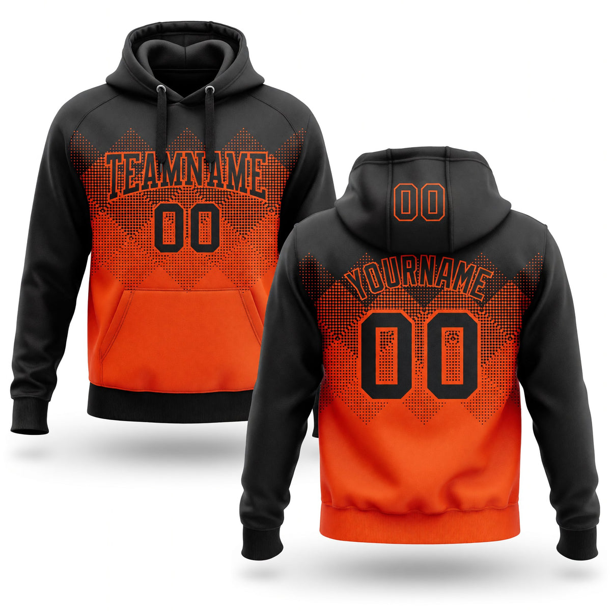 Custom Stitched Black Orange 3D Pattern Design Gradient Square Shape Sports Pullover Sweatshirt Hoodie
