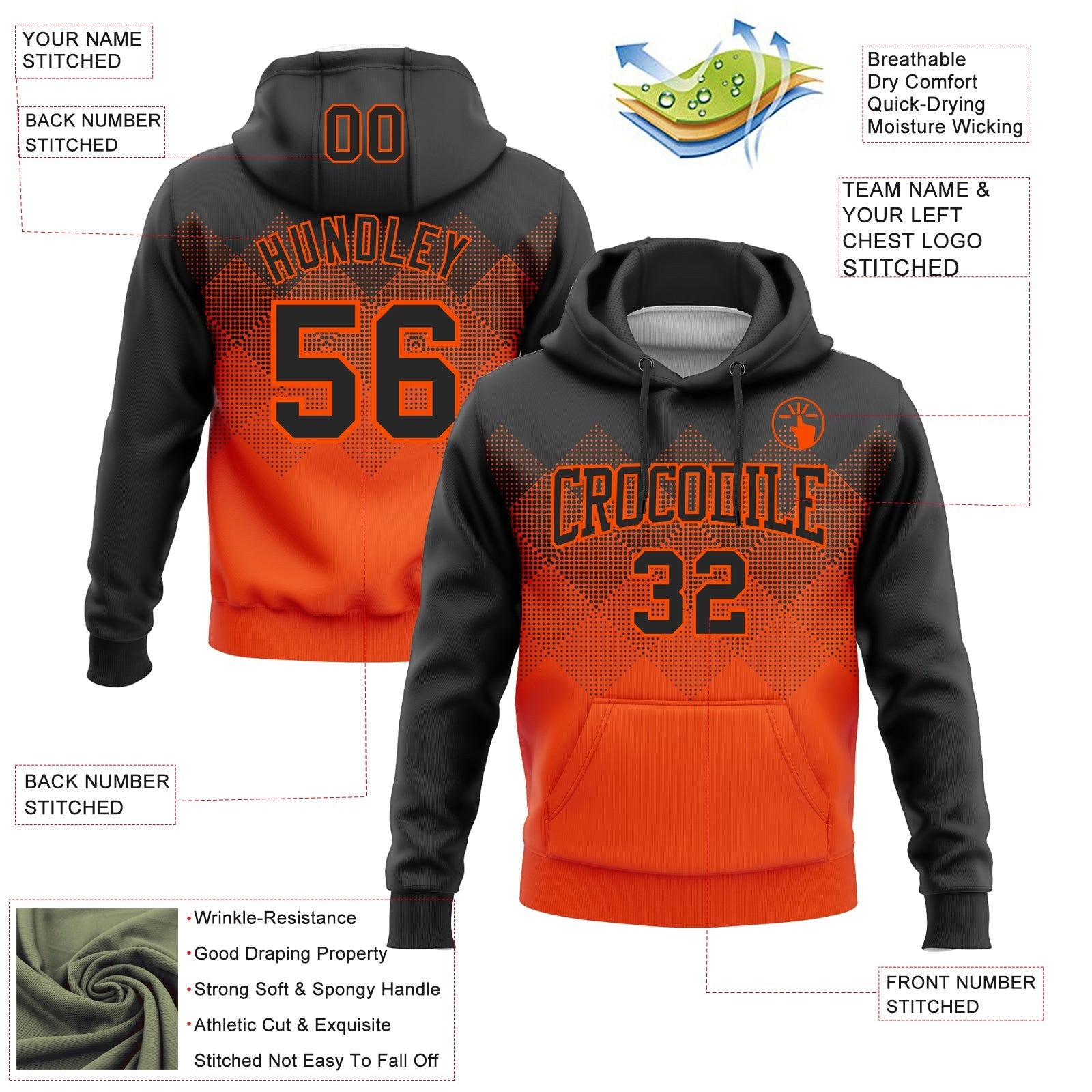 Custom Stitched Black Orange 3D Pattern Design Gradient Square Shape Sports Pullover Sweatshirt Hoodie photo 2