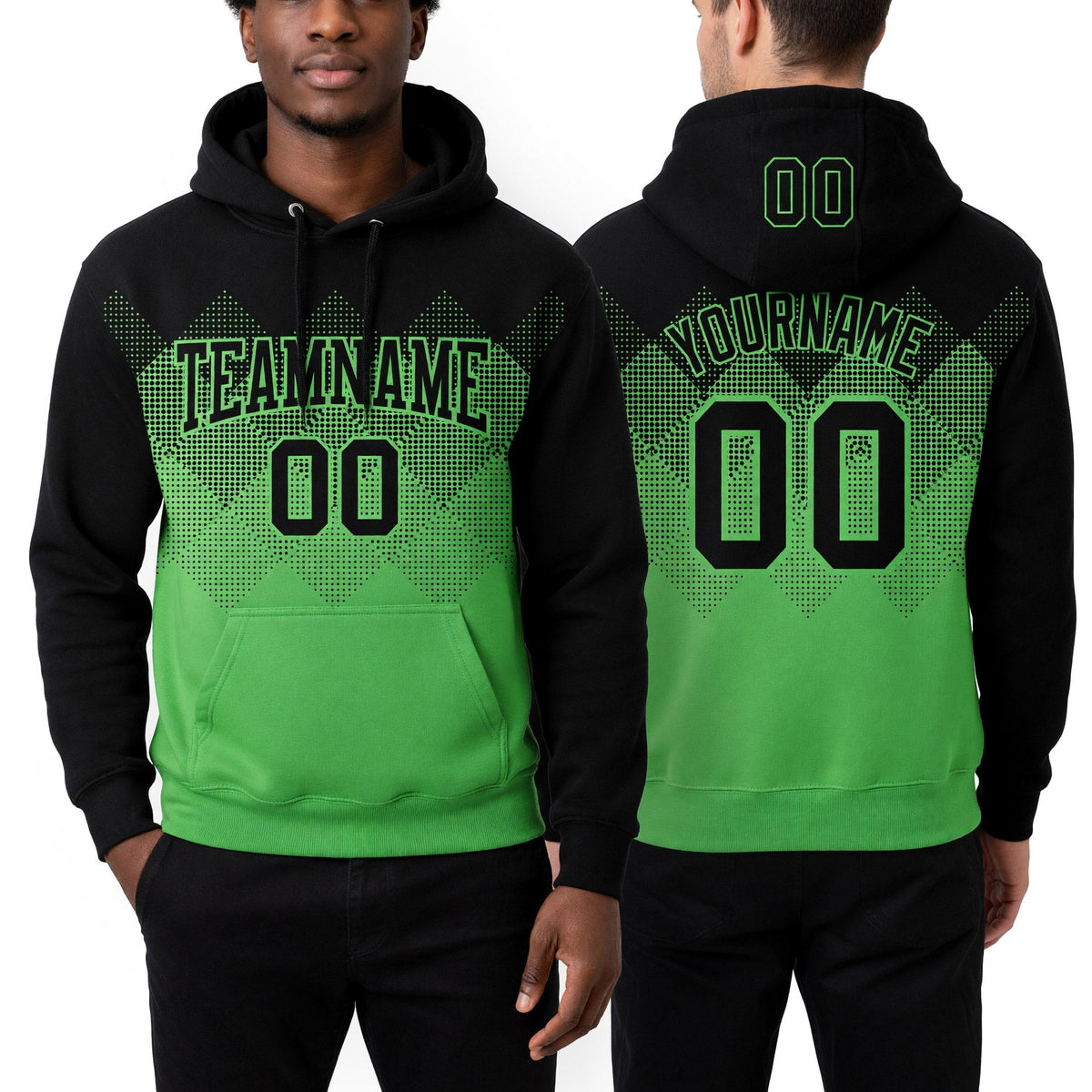 Custom Stitched Black Pea Green 3D Pattern Design Gradient Square Shape Sports Pullover Sweatshirt Hoodie worn front and back