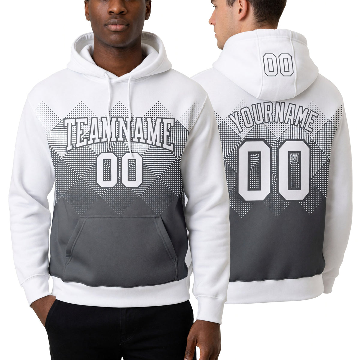 Custom Stitched White Steel Gray 3D Pattern Design Gradient Square Shape Sports Pullover Sweatshirt Hoodie worn front and back