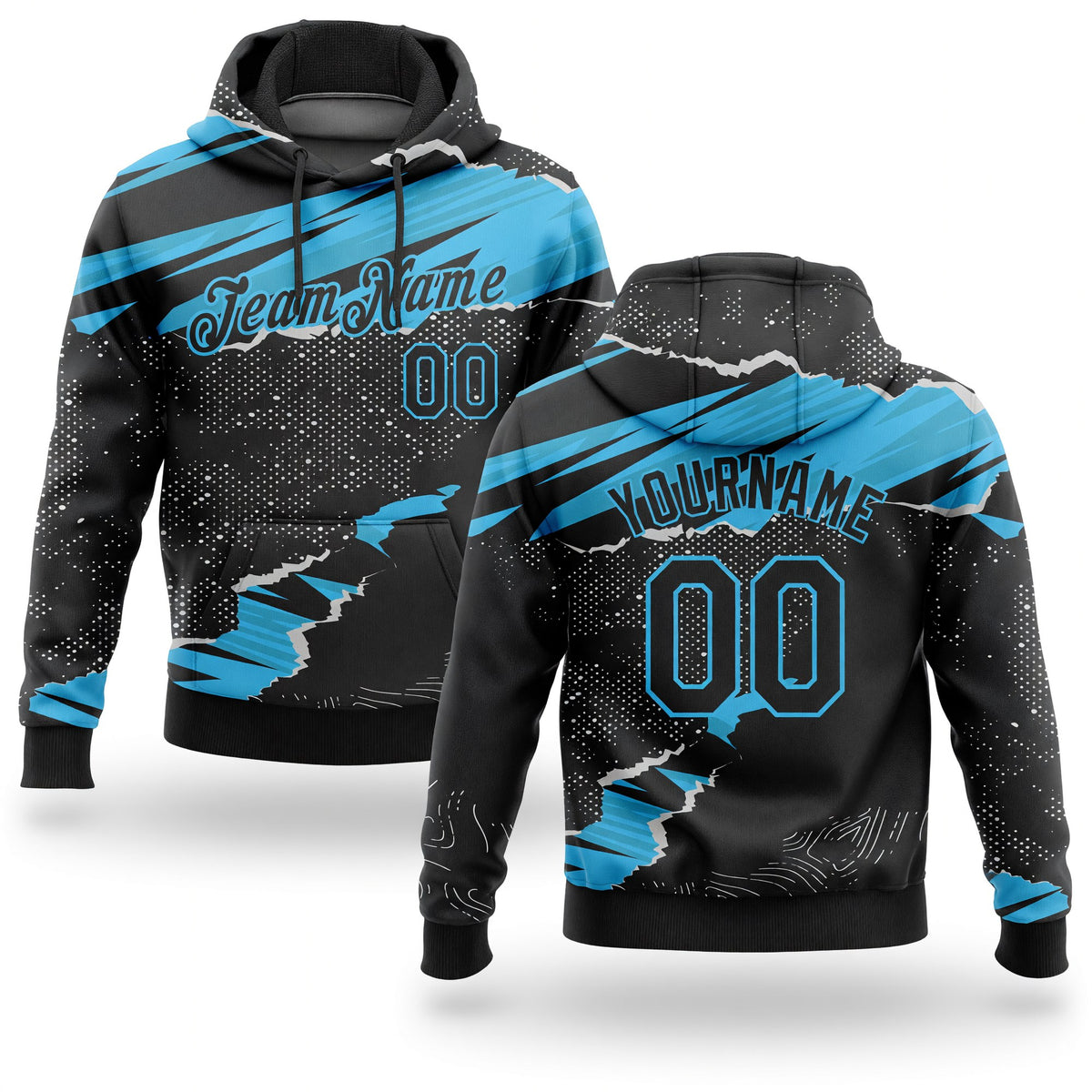 Custom Stitched Black Sky Blue 3D Pattern Design Torn Paper Style Sports Pullover Sweatshirt Hoodie