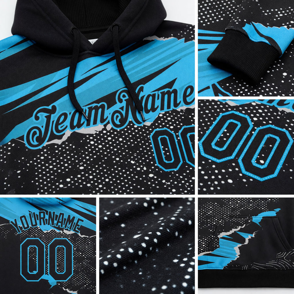 Custom Stitched Black Sky Blue 3D Pattern Design Torn Paper Style Sports Pullover Sweatshirt Hoodie detail