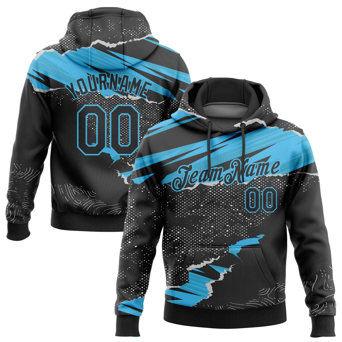 Custom Stitched Black Sky Blue 3D Pattern Design Torn Paper Style Sports Pullover Sweatshirt Hoodie photo 1