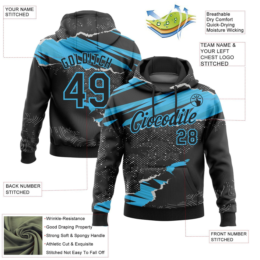 Custom Stitched Black Sky Blue 3D Pattern Design Torn Paper Style Sports Pullover Sweatshirt Hoodie photo 2