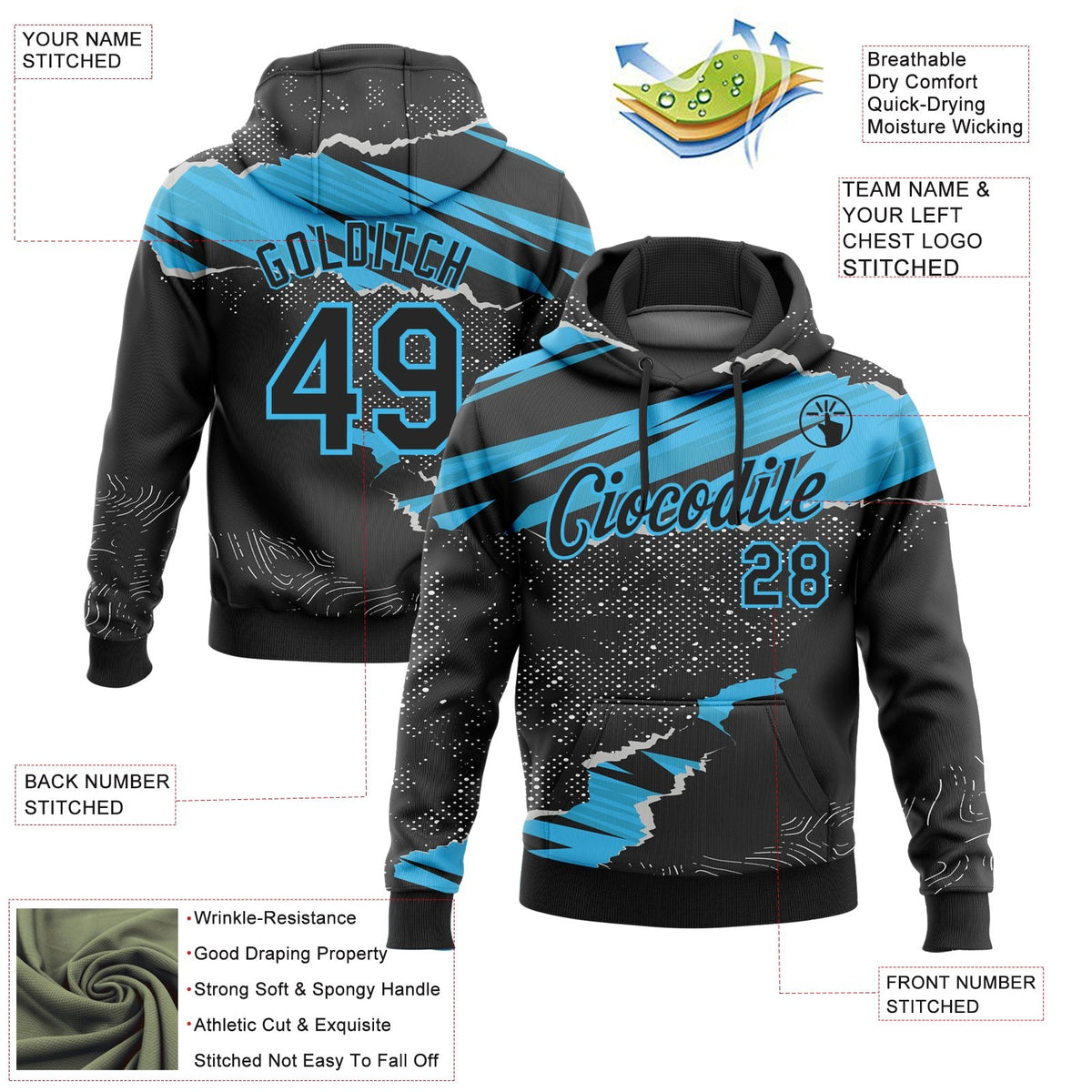 Custom Stitched Black Sky Blue 3D Pattern Design Torn Paper Style Sports Pullover Sweatshirt Hoodie photo 2
