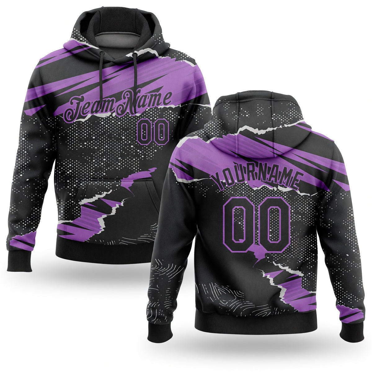 Custom Stitched Black Medium Purple 3D Pattern Design Torn Paper Style Sports Pullover Sweatshirt Hoodie