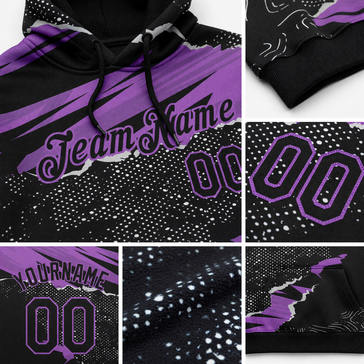 Custom Stitched Black Medium Purple 3D Pattern Design Torn Paper Style Sports Pullover Sweatshirt Hoodie detail