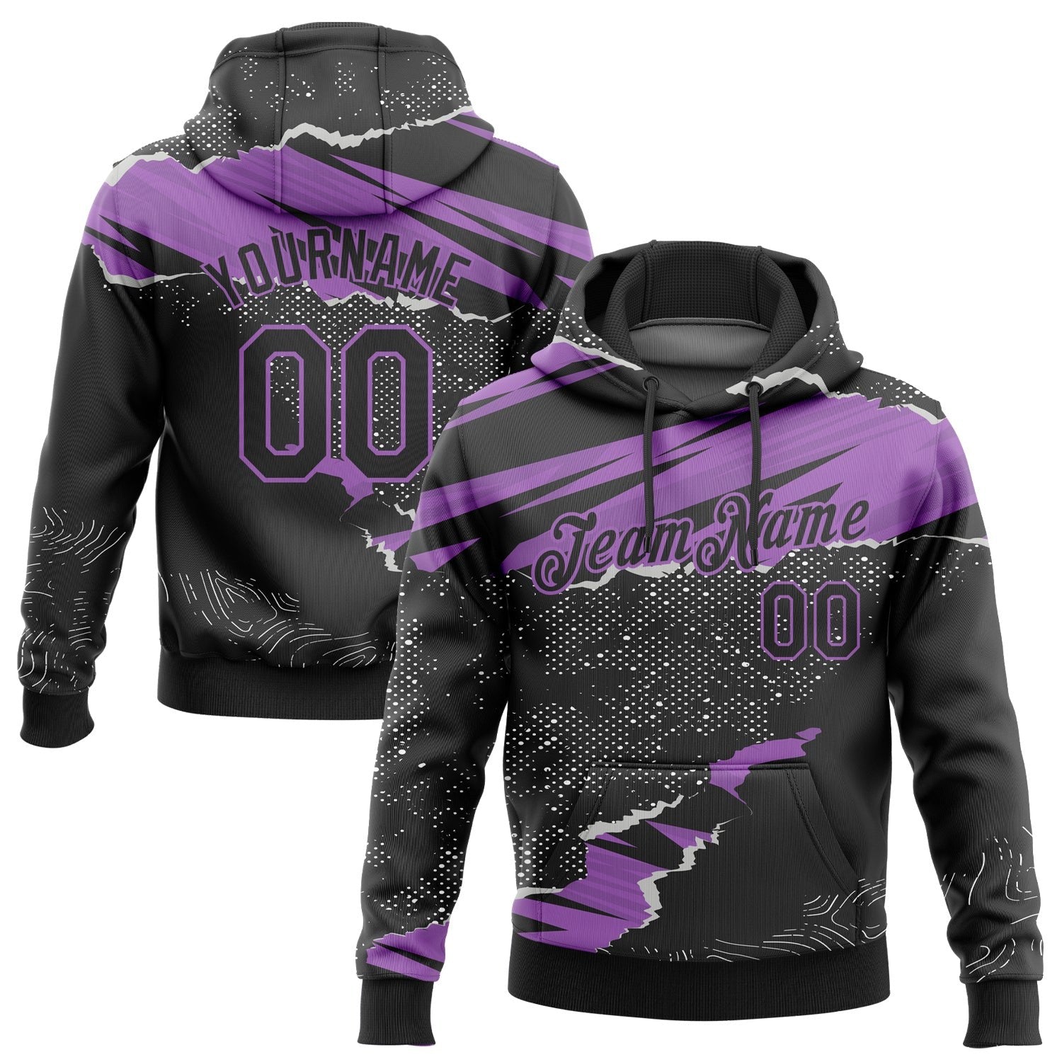 Custom Stitched Black Medium Purple 3D Pattern Design Torn Paper Style Sports Pullover Sweatshirt Hoodie photo 1