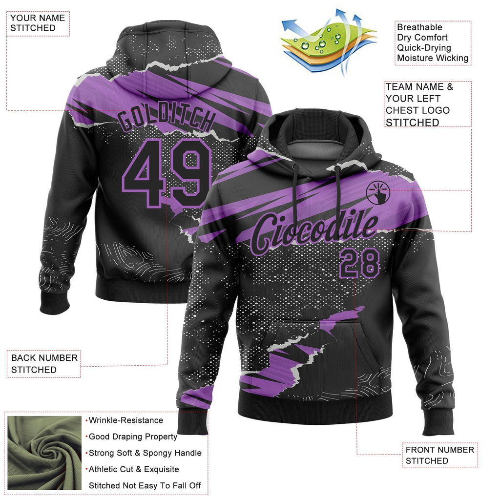 Custom Stitched Black Medium Purple 3D Pattern Design Torn Paper Style Sports Pullover Sweatshirt Hoodie photo 2