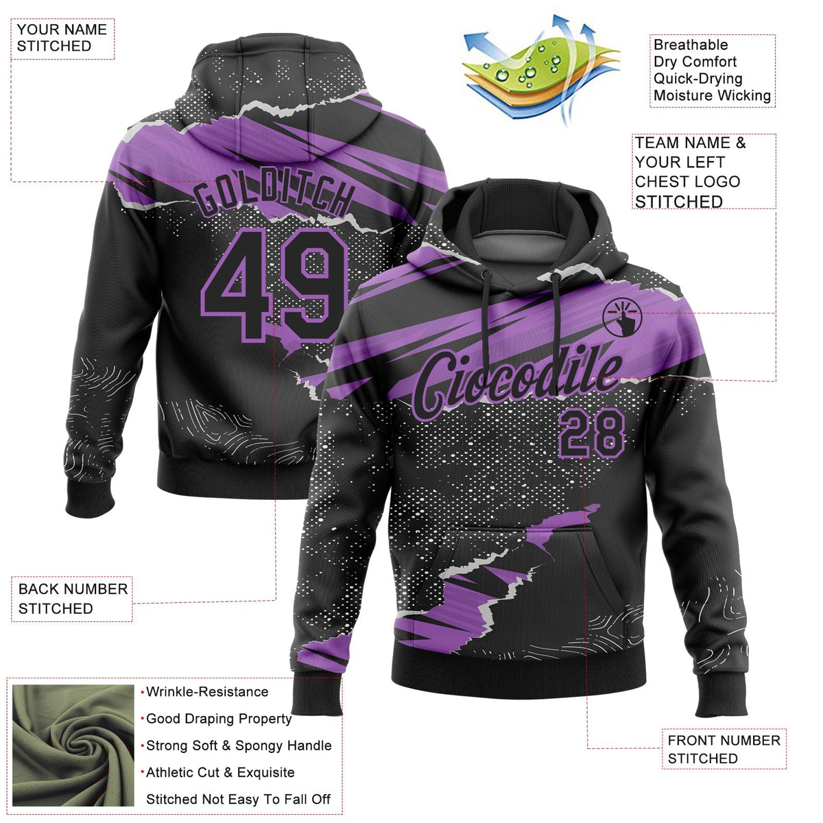 Custom Stitched Black Medium Purple 3D Pattern Design Torn Paper Style Sports Pullover Sweatshirt Hoodie photo 2
