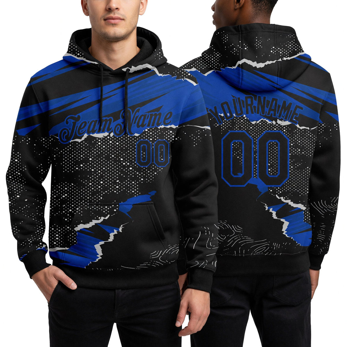 Custom Stitched Black Thunder Blue 3D Pattern Design Torn Paper Style Sports Pullover Sweatshirt Hoodie worn front and back