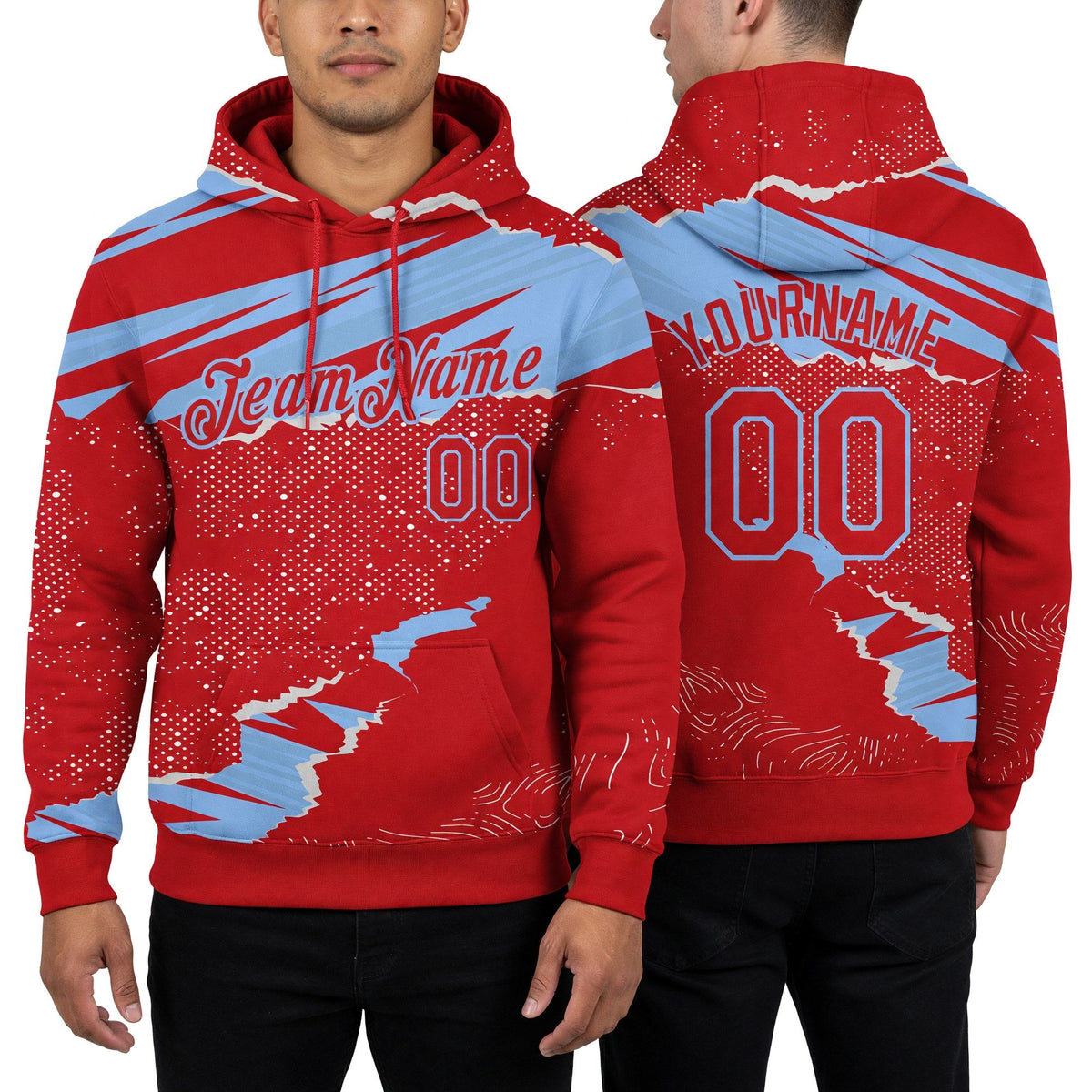 Custom Stitched Red Light Blue 3D Pattern Design Torn Paper Style Sports Pullover Sweatshirt Hoodie worn front and back