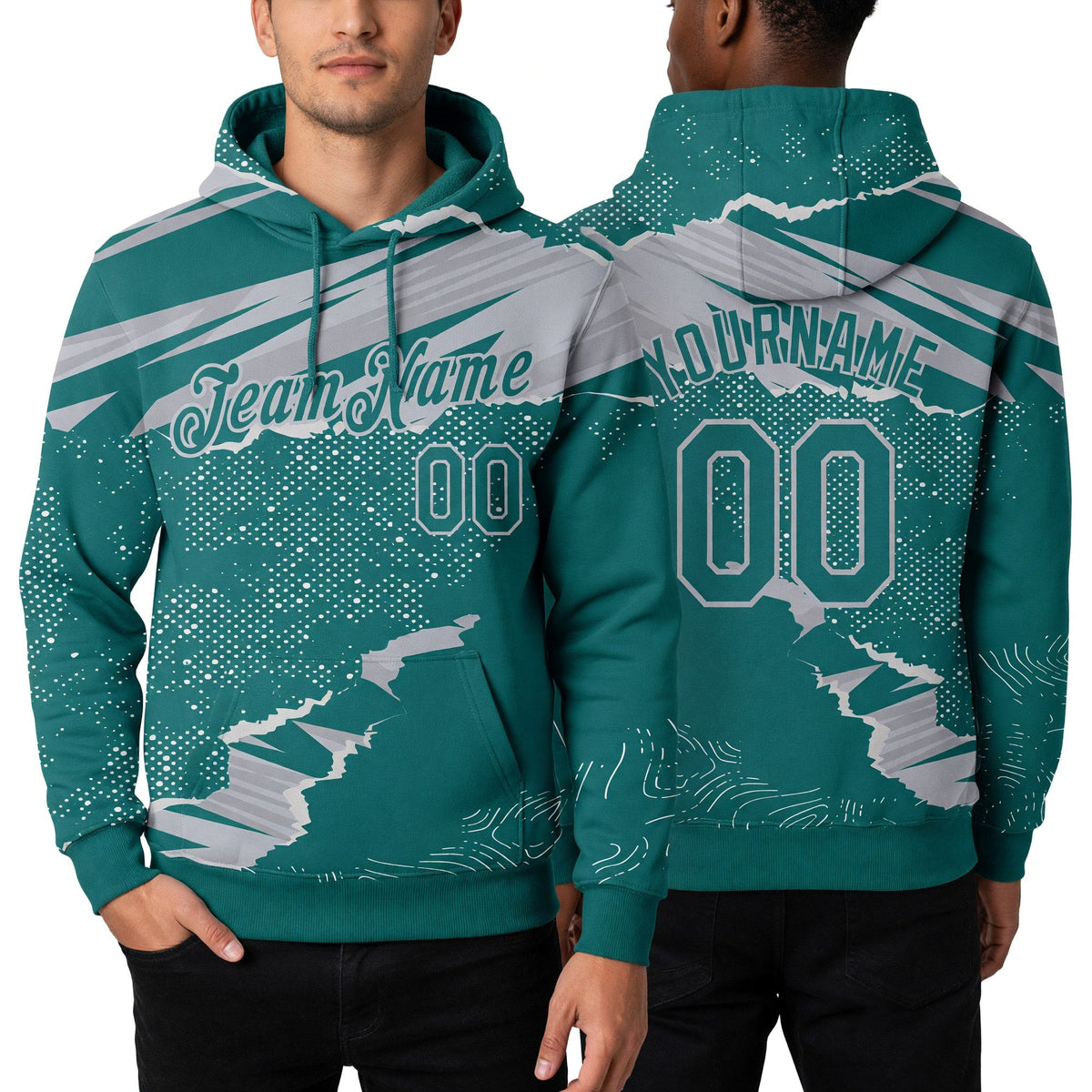 Custom Stitched Teal Gray 3D Pattern Design Torn Paper Style Sports Pullover Sweatshirt Hoodie worn front and back