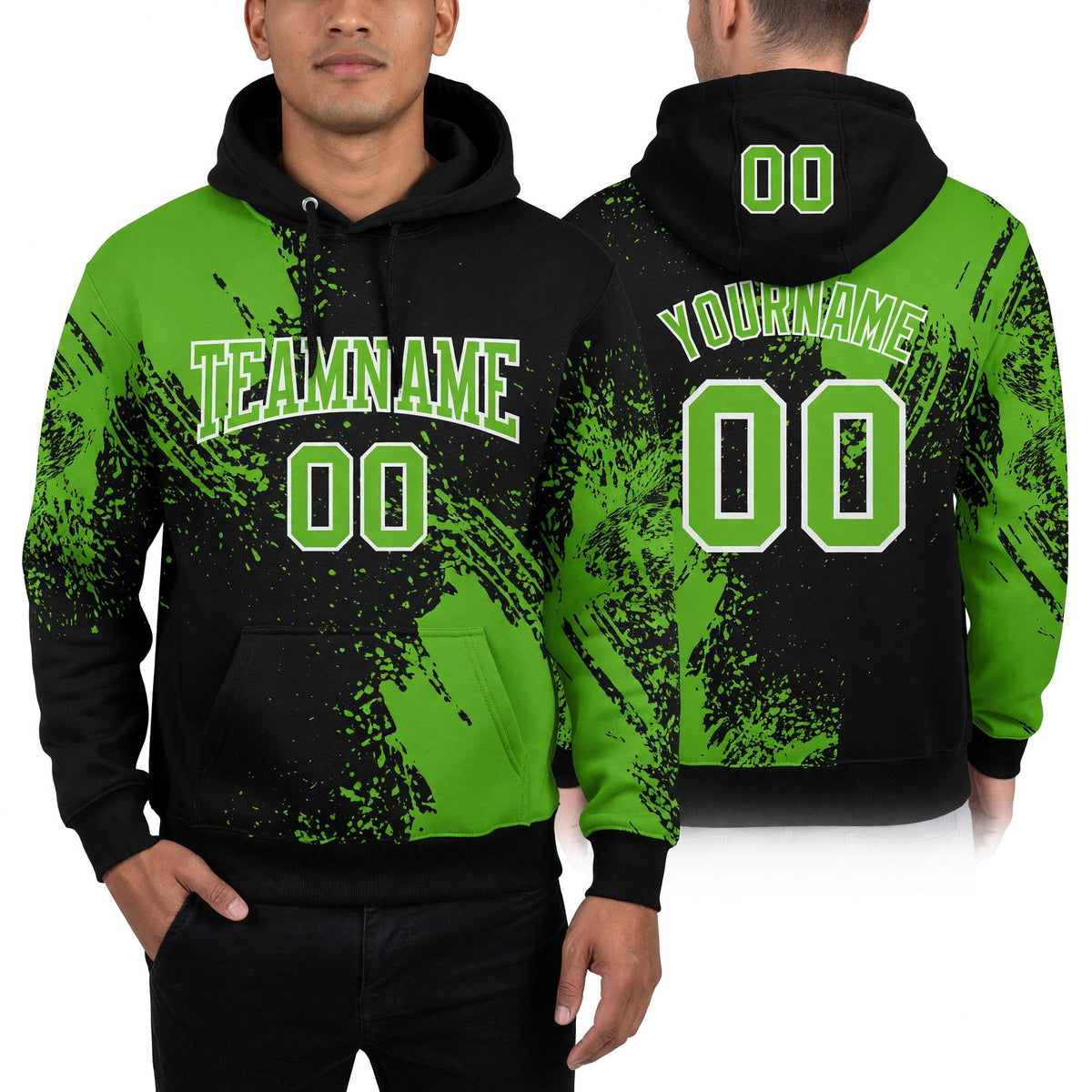 Custom Stitched Black Aurora Green-White 3D Pattern Design Abstract Brush Stroke Sports Pullover Sweatshirt Hoodie worn front and back