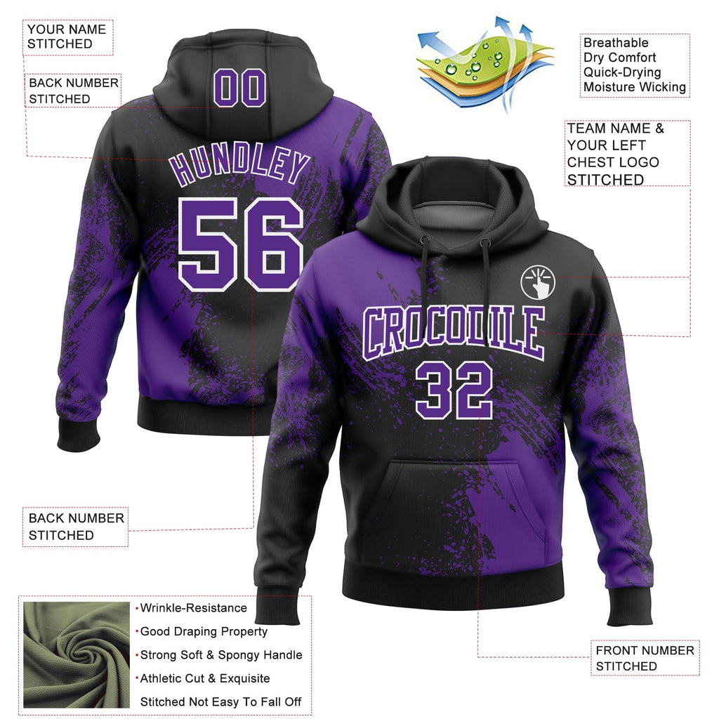 Custom Stitched Black Purple-White 3D Pattern Design Abstract Brush Stroke Sports Pullover Sweatshirt Hoodie photo 2