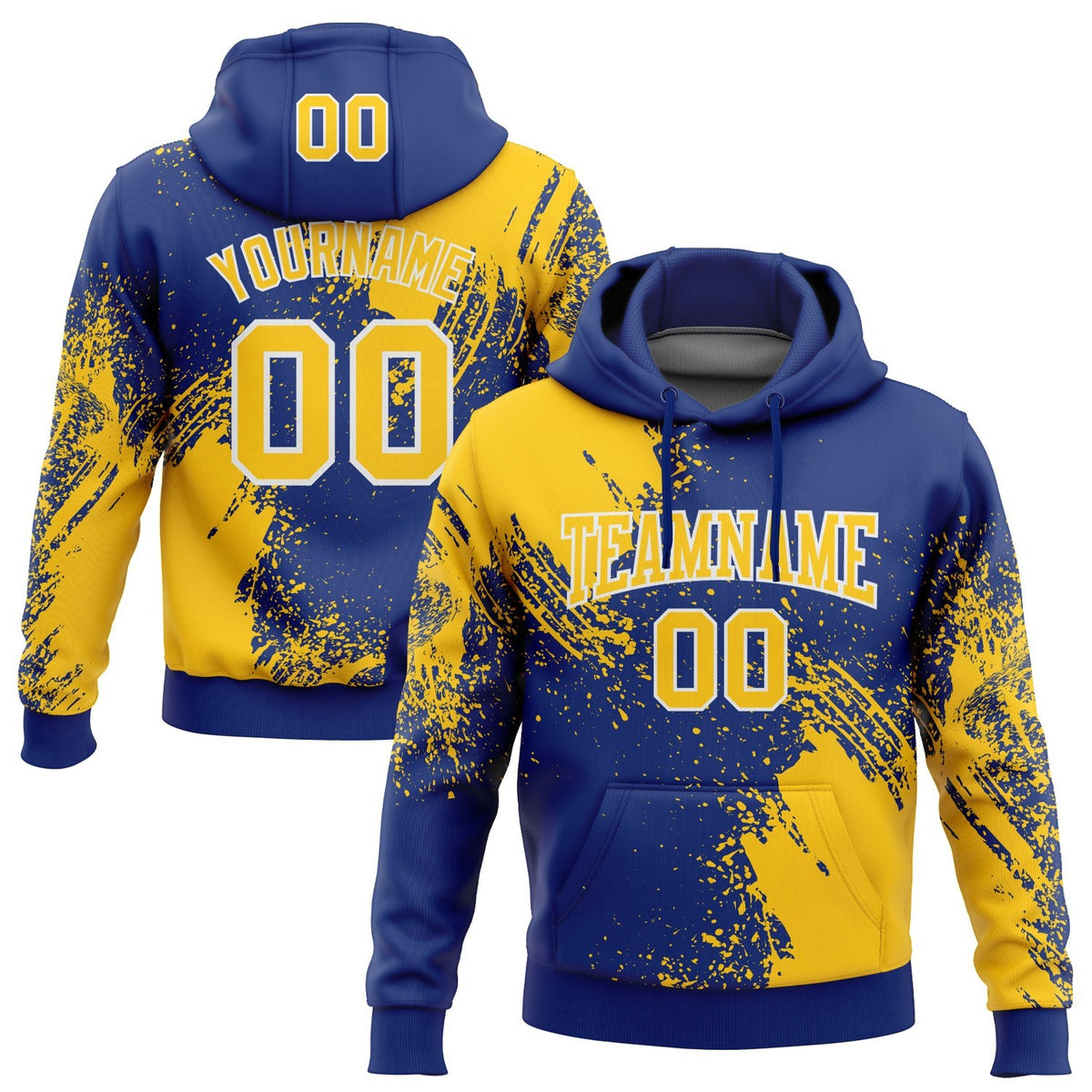 Custom Stitched Royal Yellow-White 3D Pattern Design Abstract Brush Stroke Sports Pullover Sweatshirt Hoodie
