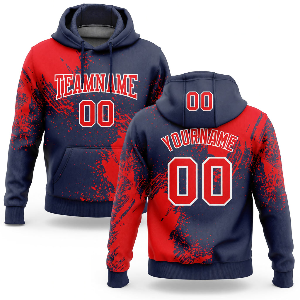Custom Stitched Navy Fire Red-White 3D Pattern Design Abstract Brush Stroke Sports Pullover Sweatshirt Hoodie