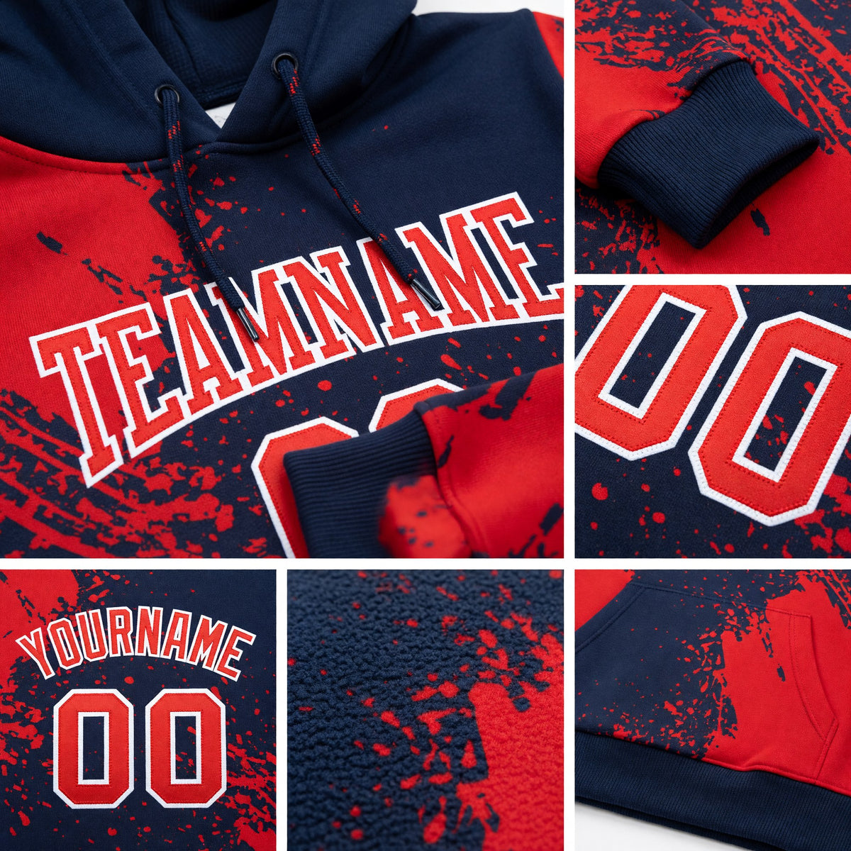 Custom Stitched Navy Fire Red-White 3D Pattern Design Abstract Brush Stroke Sports Pullover Sweatshirt Hoodie detail
