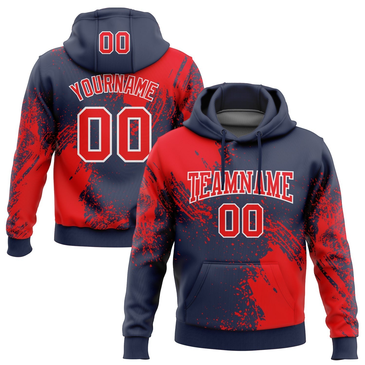 Custom Stitched Navy Fire Red-White 3D Pattern Design Abstract Brush Stroke Sports Pullover Sweatshirt Hoodie photo 1