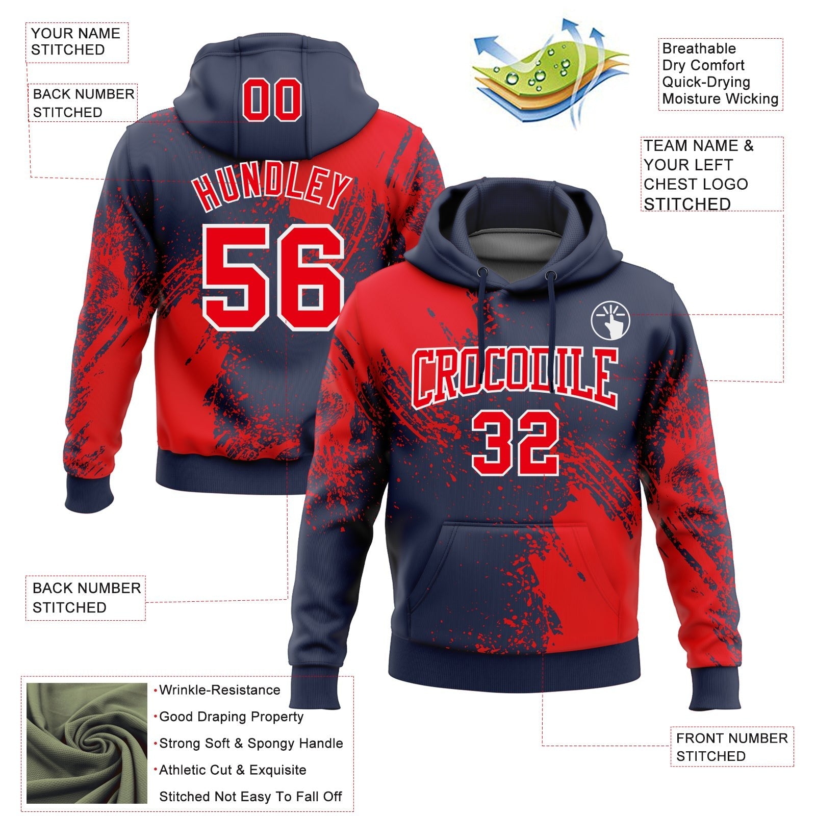 Custom Stitched Navy Fire Red-White 3D Pattern Design Abstract Brush Stroke Sports Pullover Sweatshirt Hoodie photo 2