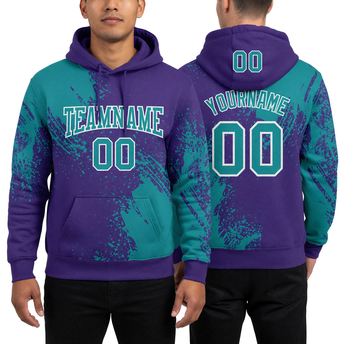 Custom Stitched Purple Teal-White 3D Pattern Design Abstract Brush Stroke Sports Pullover Sweatshirt Hoodie worn front and back