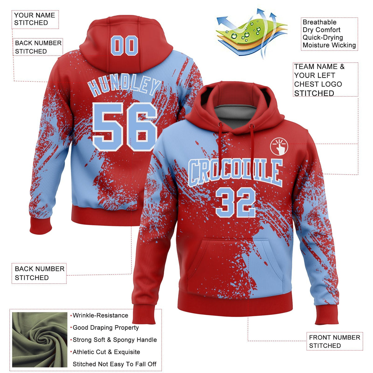Custom Stitched Red Light Blue-White 3D Pattern Design Abstract Brush Stroke Sports Pullover Sweatshirt Hoodie photo 2
