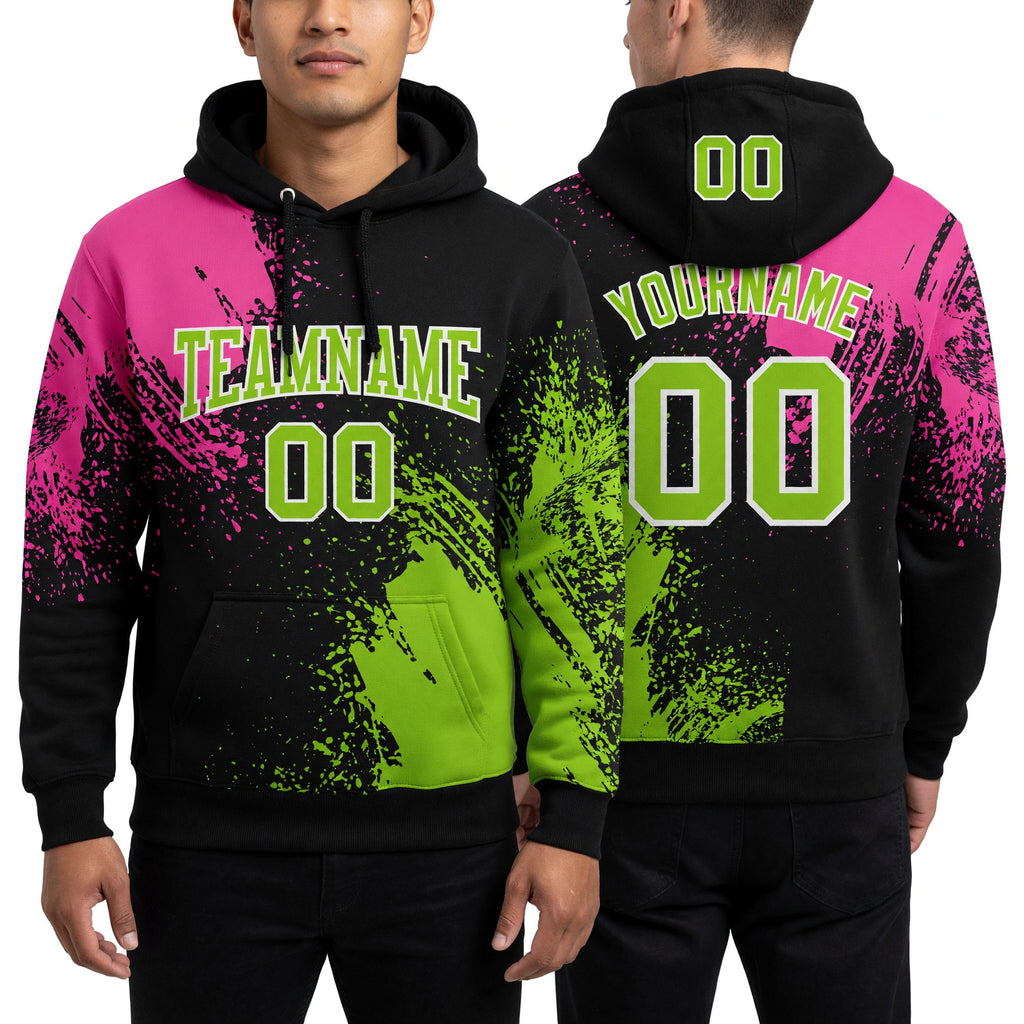 Custom Stitched Black Neon Green-Pink 3D Pattern Design Abstract Brush Stroke Sports Pullover Sweatshirt Hoodie worn front and back