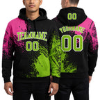 Custom Stitched Black Neon Green-Pink 3D Pattern Design Abstract Brush Stroke Sports Pullover Sweatshirt Hoodie worn front and back
