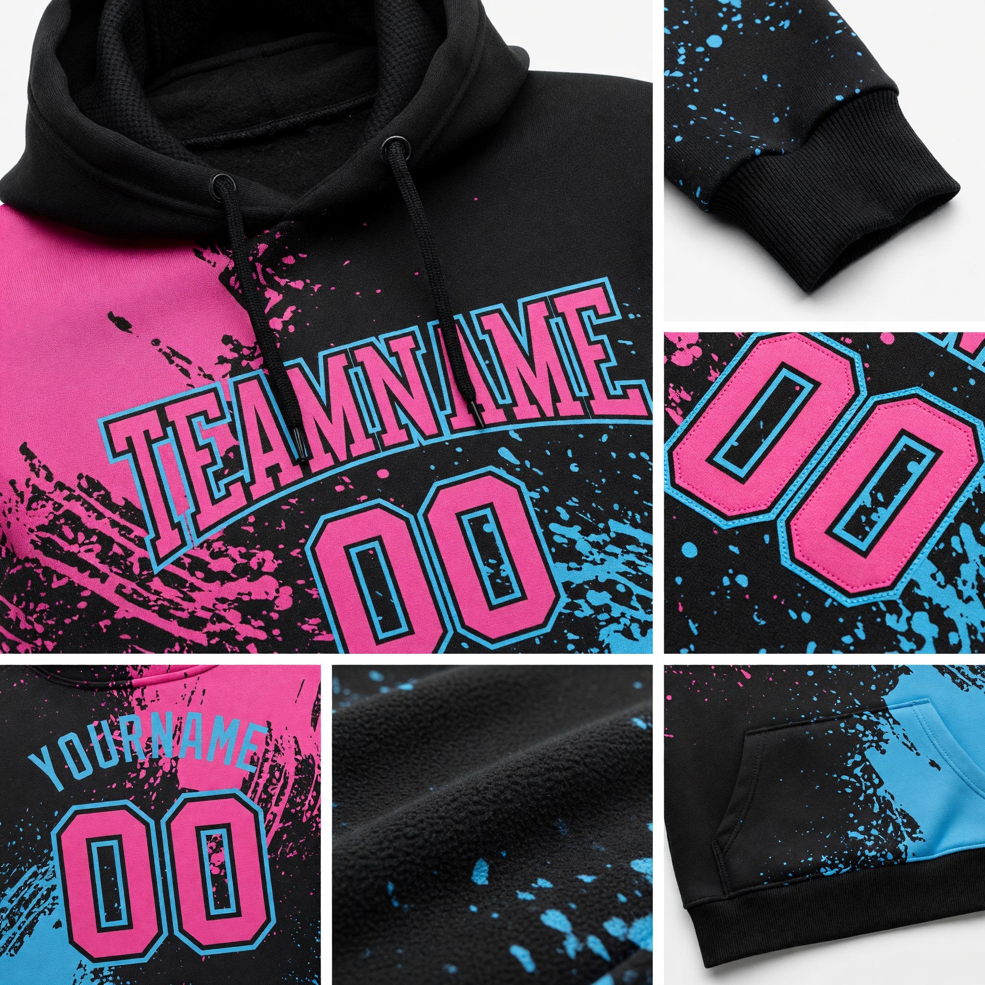 Custom Stitched Black Pink-Sky Blue 3D Pattern Design Abstract Brush Stroke Sports Pullover Sweatshirt Hoodie detail
