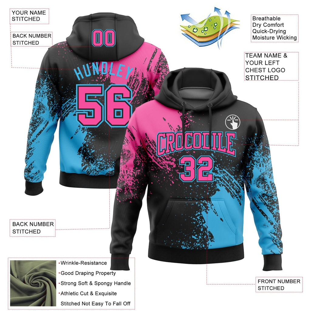 Custom Stitched Black Pink-Sky Blue 3D Pattern Design Abstract Brush Stroke Sports Pullover Sweatshirt Hoodie photo 2