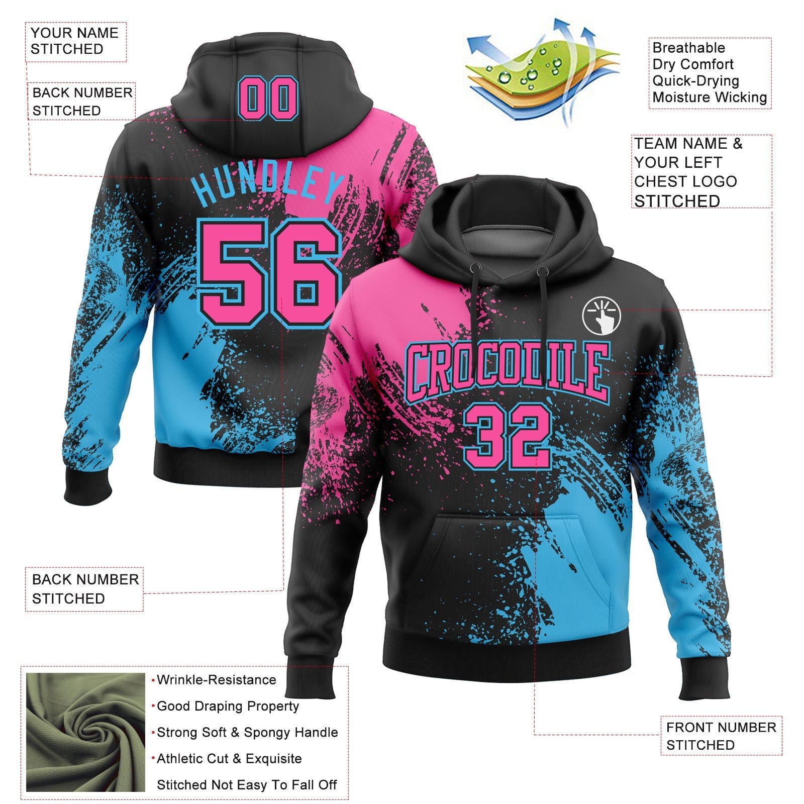 Custom Stitched Black Pink-Sky Blue 3D Pattern Design Abstract Brush Stroke Sports Pullover Sweatshirt Hoodie photo 2