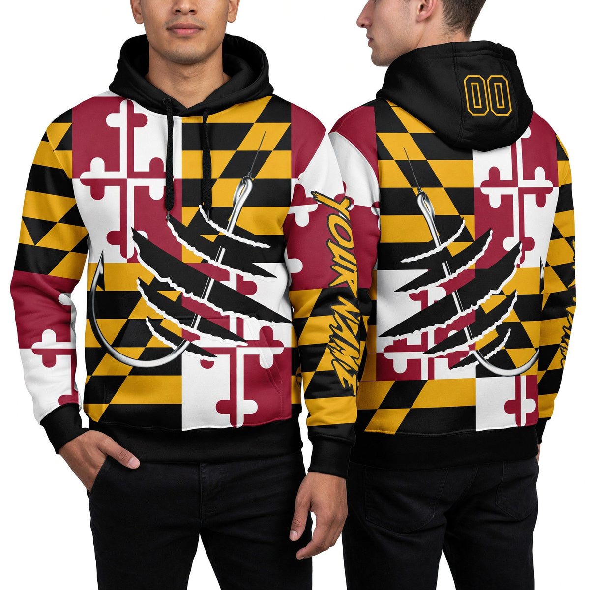 Custom Gold Black-Red 3D Maryland Flag And Fish Hook Fishing Sports Pullover Sweatshirt Hoodie worn front and back