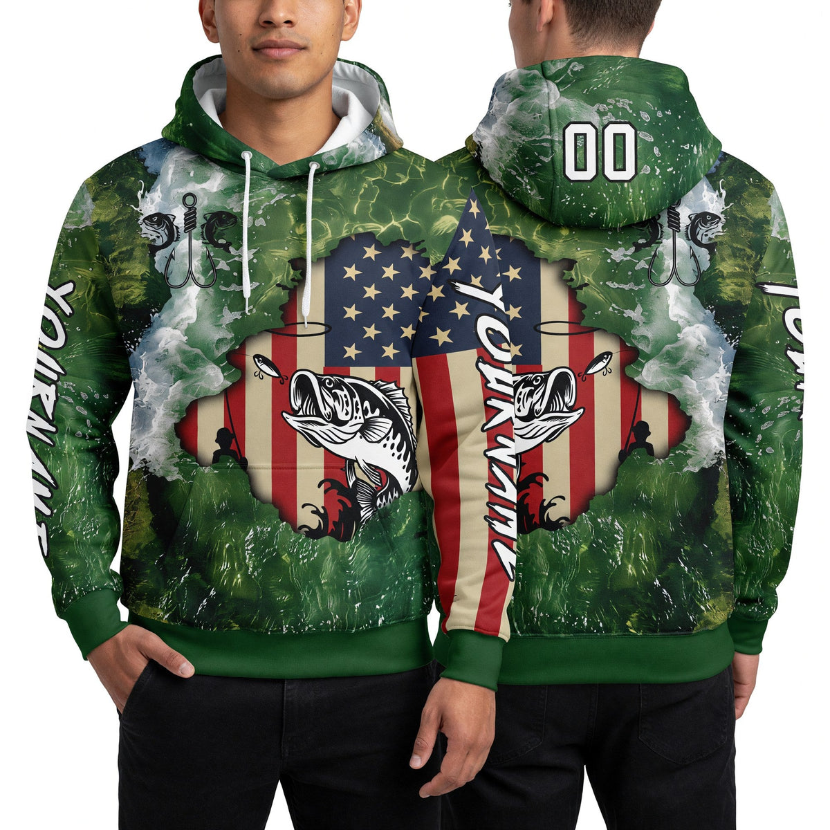 Custom Aurora Green White-Black 3D American Flag And Largemouth Bass Fish Fishing Sports Pullover Sweatshirt Hoodie worn front and back