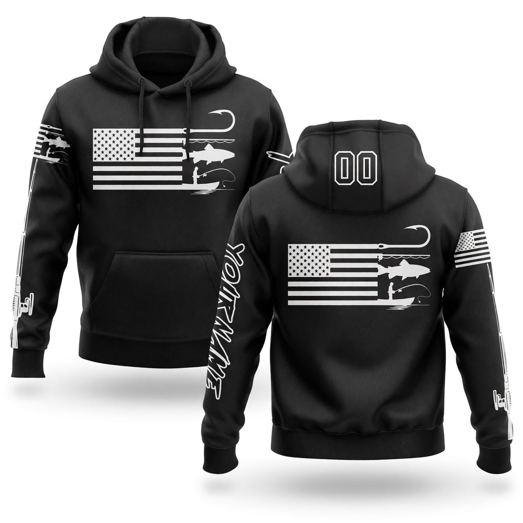 Custom Black White 3D American Flag And Fish Hook Fishing Sports Pullover Sweatshirt Hoodie