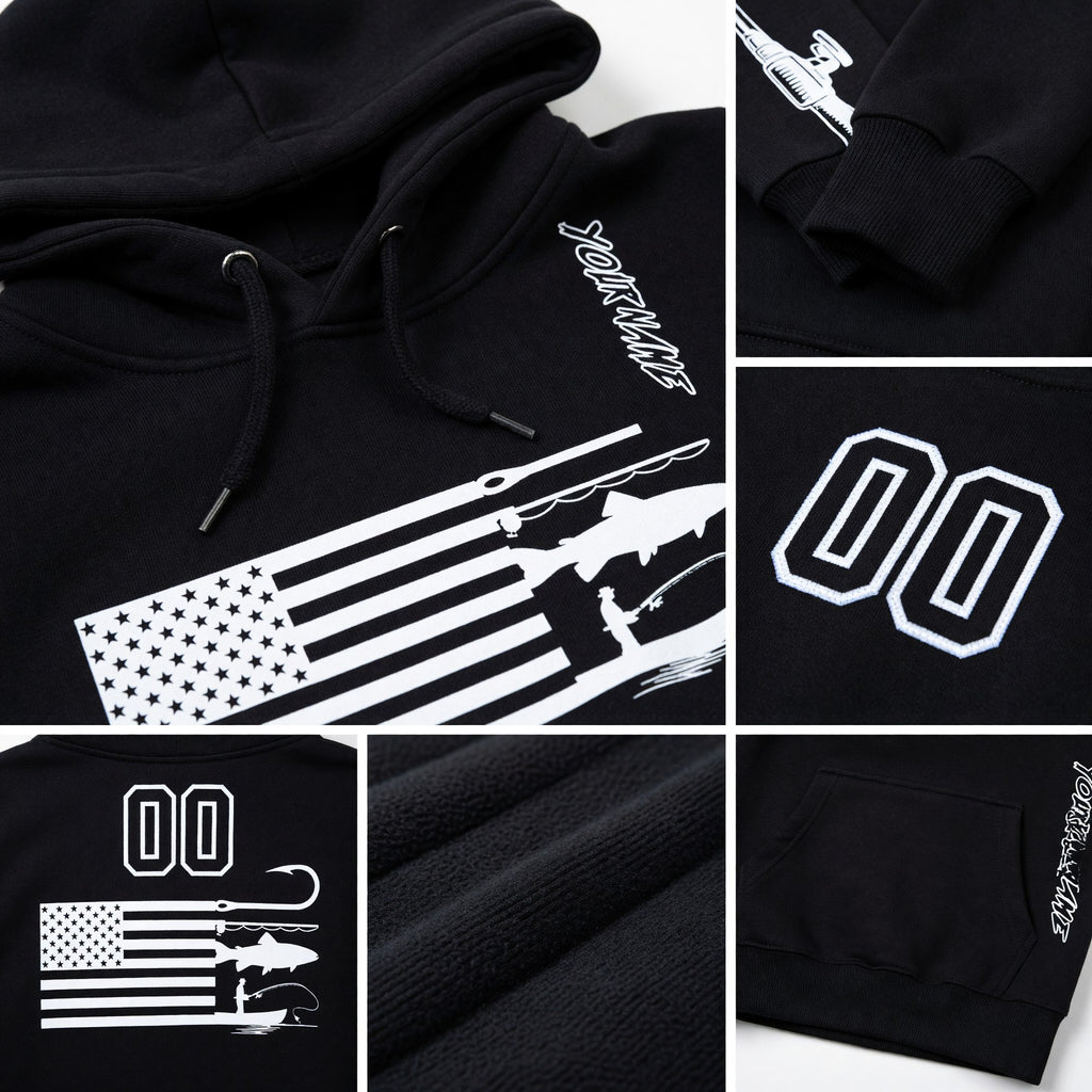 Custom Black White 3D American Flag And Fish Hook Fishing Sports Pullover Sweatshirt Hoodie detail