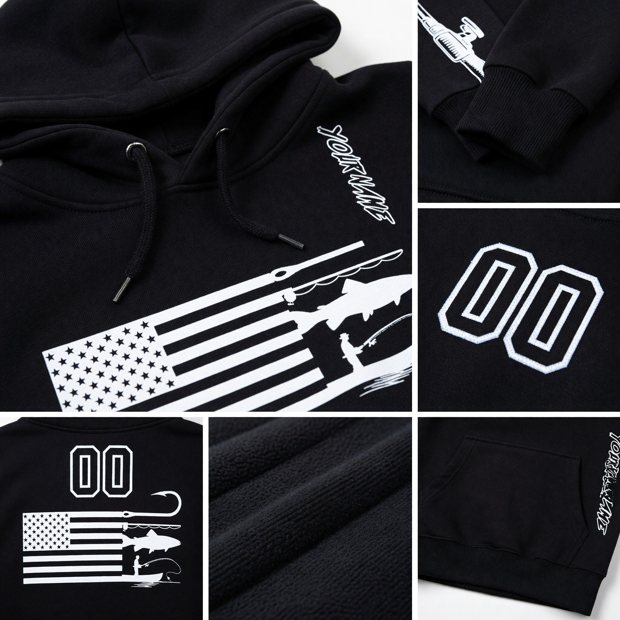 Custom Black White 3D American Flag And Fish Hook Fishing Sports Pullover Sweatshirt Hoodie detail