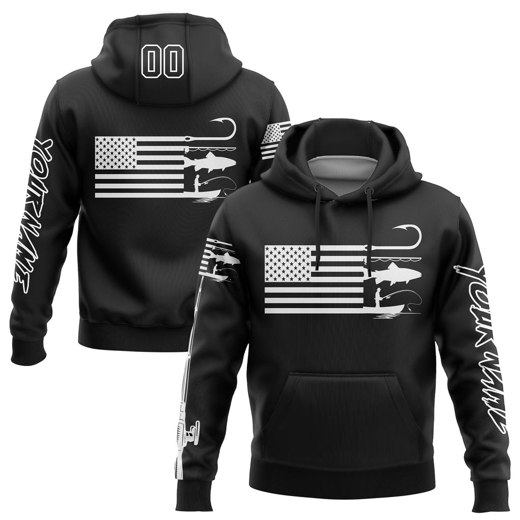 Custom Black White 3D American Flag And Fish Hook Fishing Sports Pullover Sweatshirt Hoodie photo 1