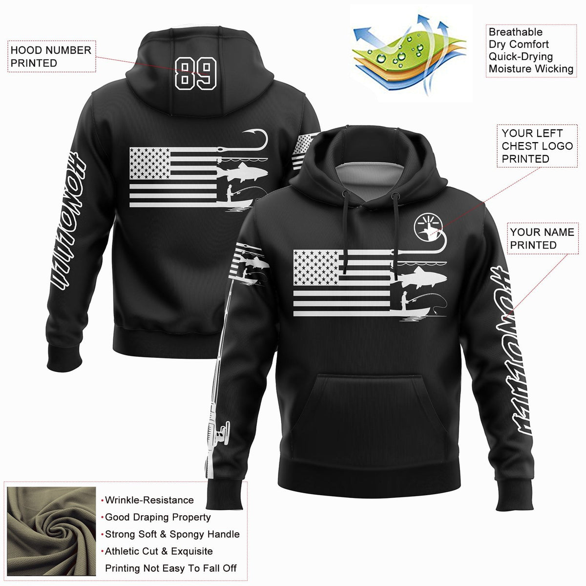 Custom Black White 3D American Flag And Fish Hook Fishing Sports Pullover Sweatshirt Hoodie photo 2