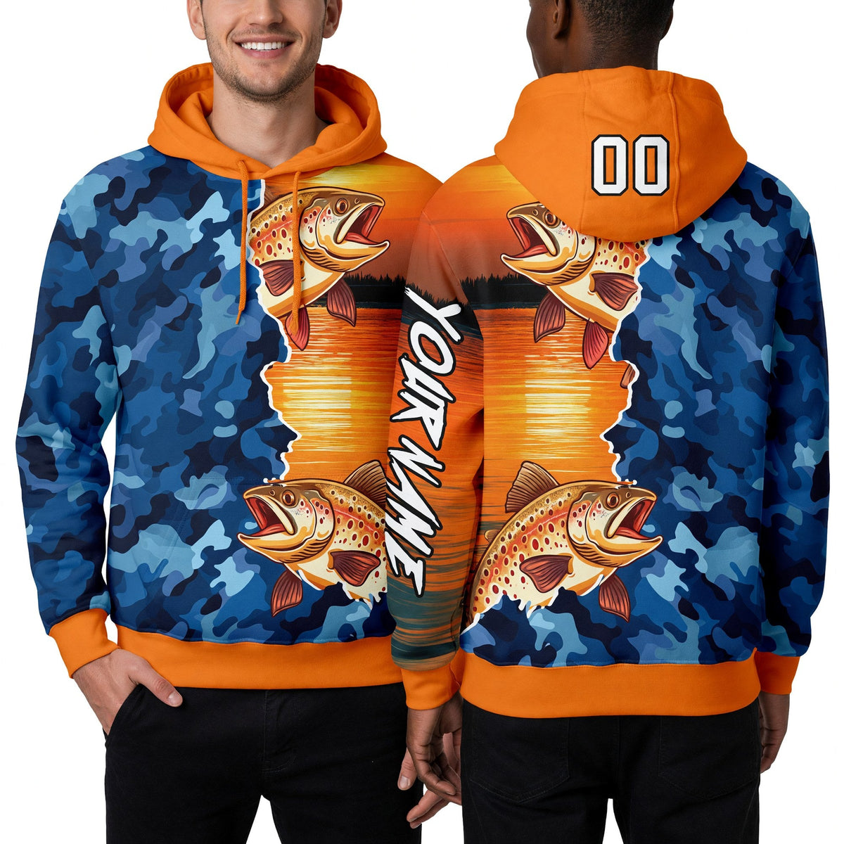 Custom Bay Orange Camo-Black 3D Trout Fish Fishing Sports Pullover Sweatshirt Hoodie worn front and back