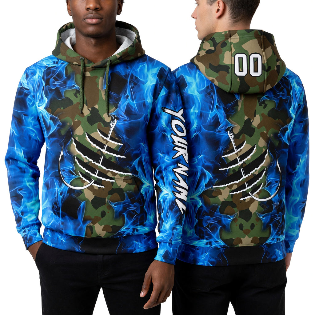 Custom Camo White-Black 3D Flame And Fish Hook Fishing Sports Pullover Sweatshirt Salute To Service Hoodie worn front and back