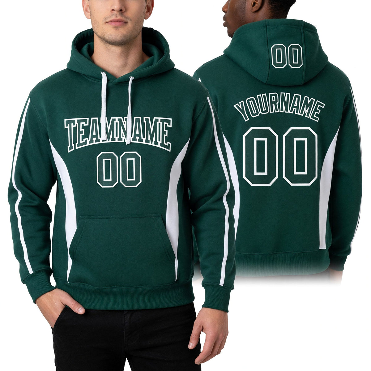 Custom Stitched Green White 3D Pattern Design Color Blocking Stripe Sports Pullover Sweatshirt Hoodie worn front and back