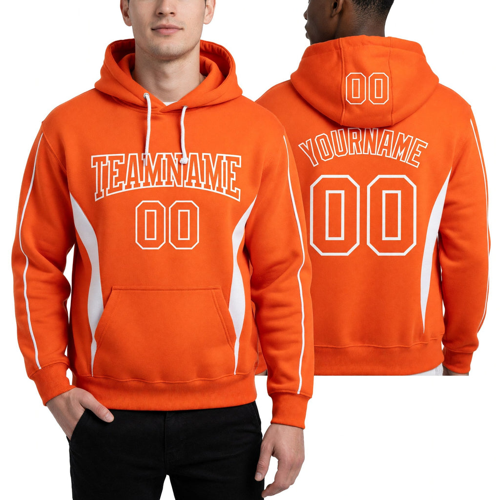 Custom Stitched Orange White 3D Pattern Design Color Blocking Stripe Sports Pullover Sweatshirt Hoodie worn front and back