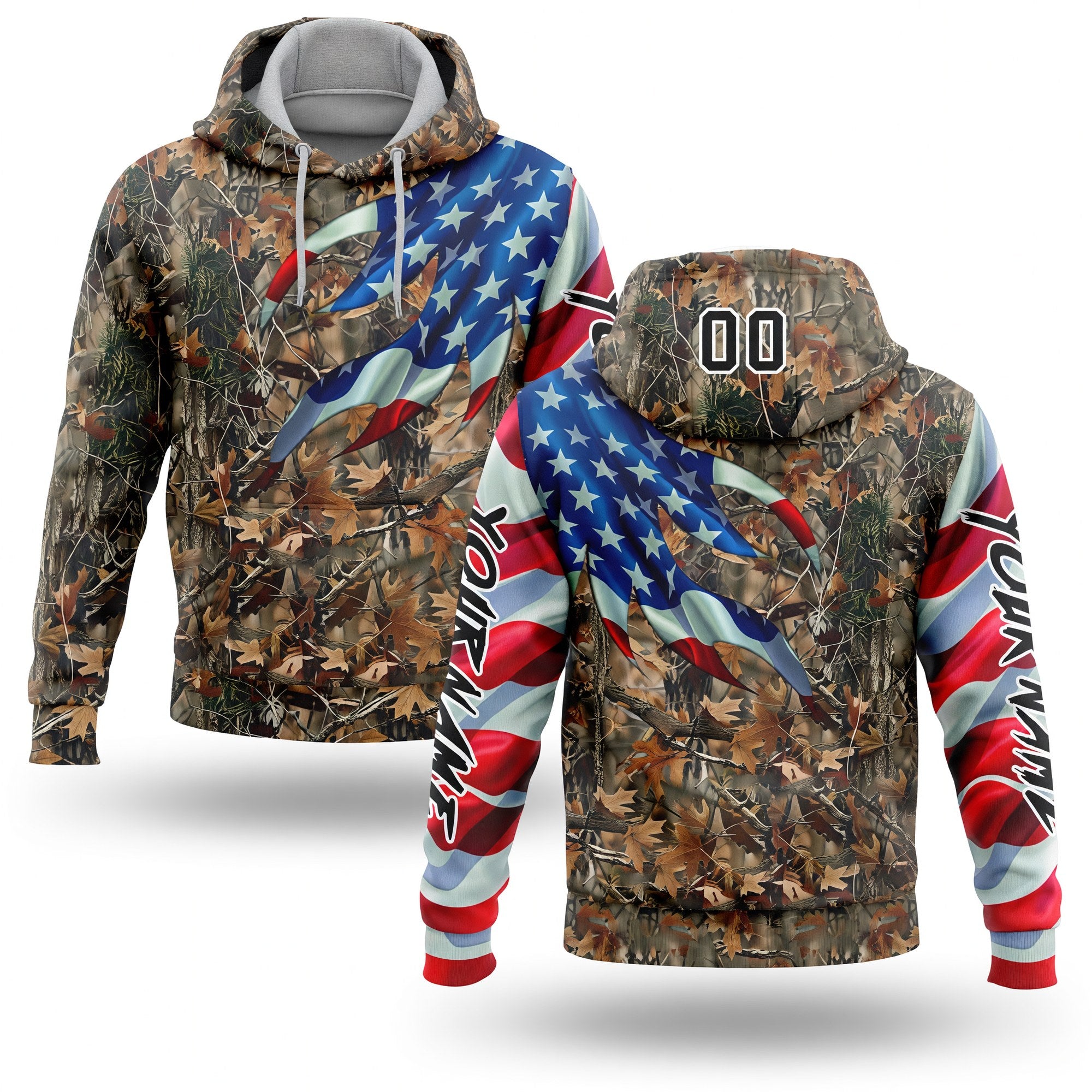 Custom Camo Black-White 3D American Flag Hunting Sports Pullover Sweatshirt Hoodie