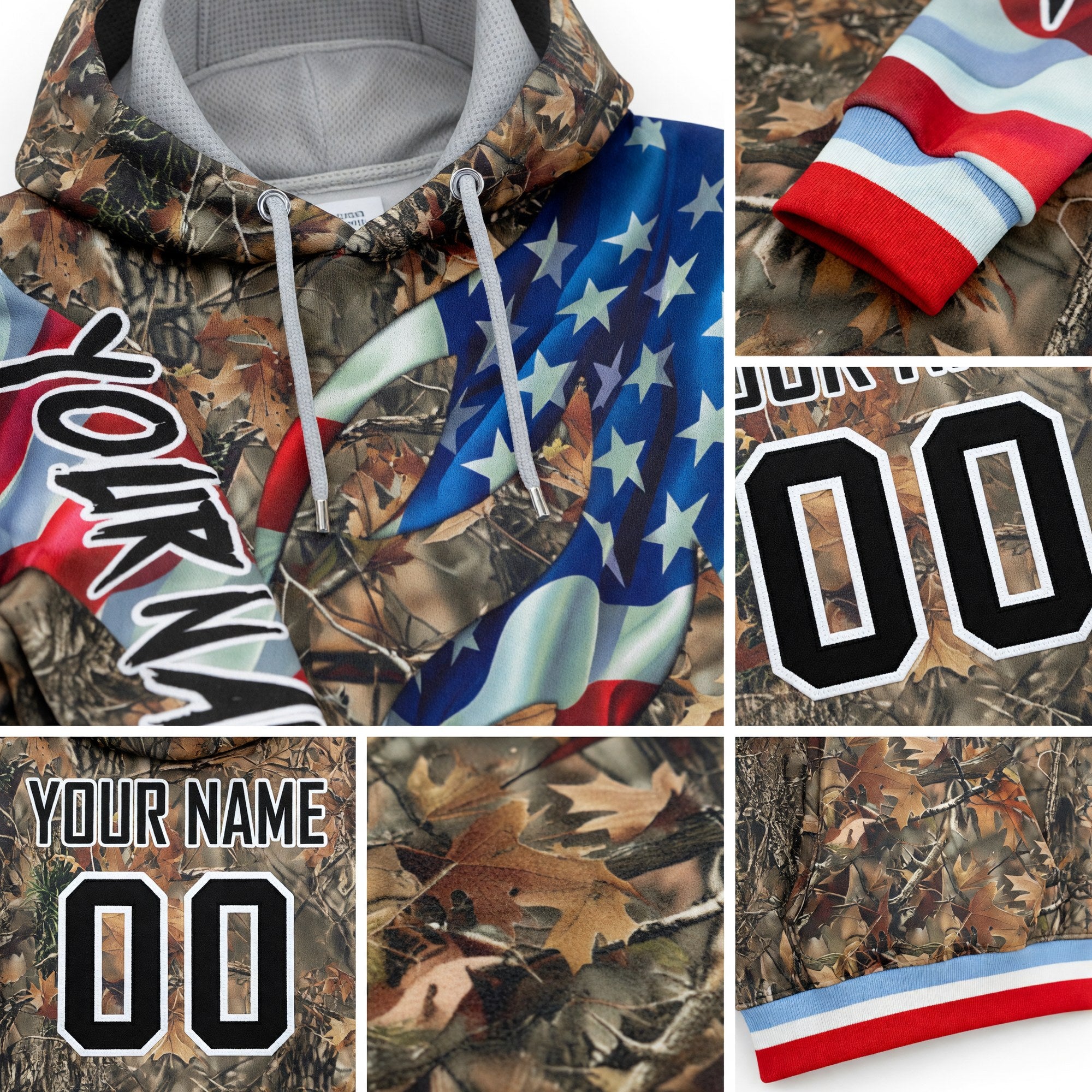 Custom Camo Black-White 3D American Flag Hunting Sports Pullover Sweatshirt Hoodie detail