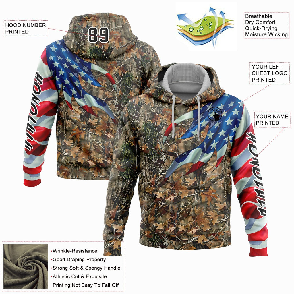 Custom Camo Black-White 3D American Flag Hunting Sports Pullover Sweatshirt Hoodie photo 2